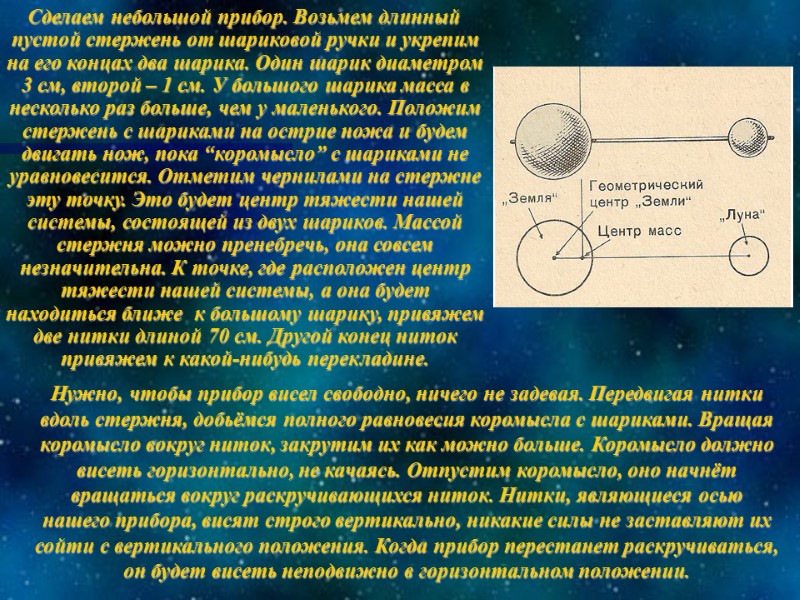 Нужно, чтобы прибор висел свободно, ничего не задевая. Передвигая нитки вдоль стержня, добьёмся полного